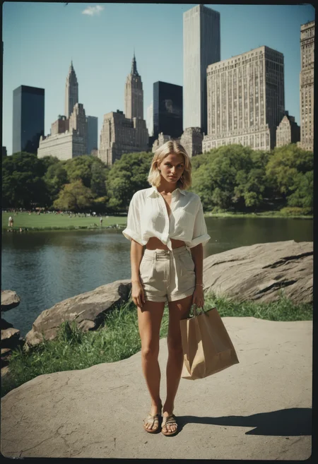 sdxl_doutmurpv1, cinematic photo, very wide shot, (central park with new york skyscrapers), 1girl, perfect bob hair, tassel earrings, opal rook piercing, (linen button-up shirt with a paperbag waist short and slide sandals), Polaroid photo style, faded colors, subtle light leaks, vintage grain, soft focus edges, nostalgic tones