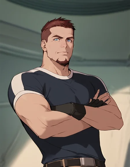 score_9, score_8_up, score_7_up, score_6_up, score_5_up, <lora:Titan_AE_-_Joseph_Korso_-_Pony:0.8>, titan_korso, 1boy, mature male, brown hair, very short hair, crew cut, blue eyes, goatee, spacecraft interior, black t-shirt, fingerless gloves, belt, brown pants, standing, upper body, crossed arms, looking at viewerâââ, cartoon
