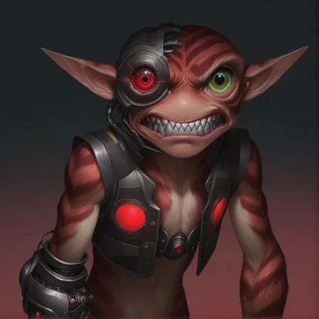 masterpiece, best quality, absurdres, very awa, realistic, solo, 1other, masculine, anthro, <lora:Stellaris:1> st portrait, <lora:Grox_Spore_Illustrious:1> grox_spore, animal ears, pointy ears, single mechanical red eye, green eye, no nose, upper body, hunched over, striped fur, mechanical vest, cropped vest, single mechanical hand, open vest, looking at viewer, glare, sharp teeth, growling, clenched teeth, simple background, gradient background,