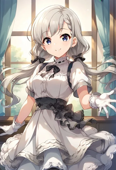 score_9, score_8_up, score_7_up, source_anime,hisakawa hayate, braid, grey hair, long hair, blue eyes, 1girl, solo, gloves, twintails, dress, smile, white gloves, low twintails, looking at viewer, bangs, indoors, short sleeves