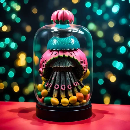 An award winning photograph, half-watermelon half-octopus crammed inside a small glass jar, aboard a futuristic tropical interstellar space craft, 1970s Brazilian Tropicalia science fiction B-movie, moody cinematic lighting backlit light distorted with gravitational lensing
