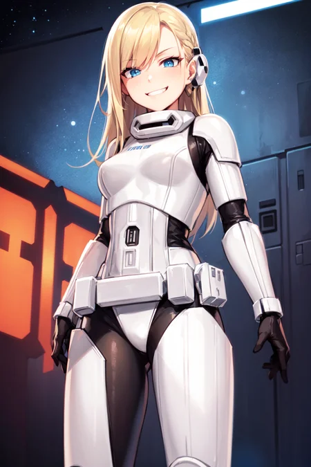 storm trooper, white armor, science fiction, star wars, 1girl, solo, [black bodysuit], long hair, blonde hair, helmet removed, no headwear, looking at viewer, blue eyes, standing, medium breasts, smug, grin