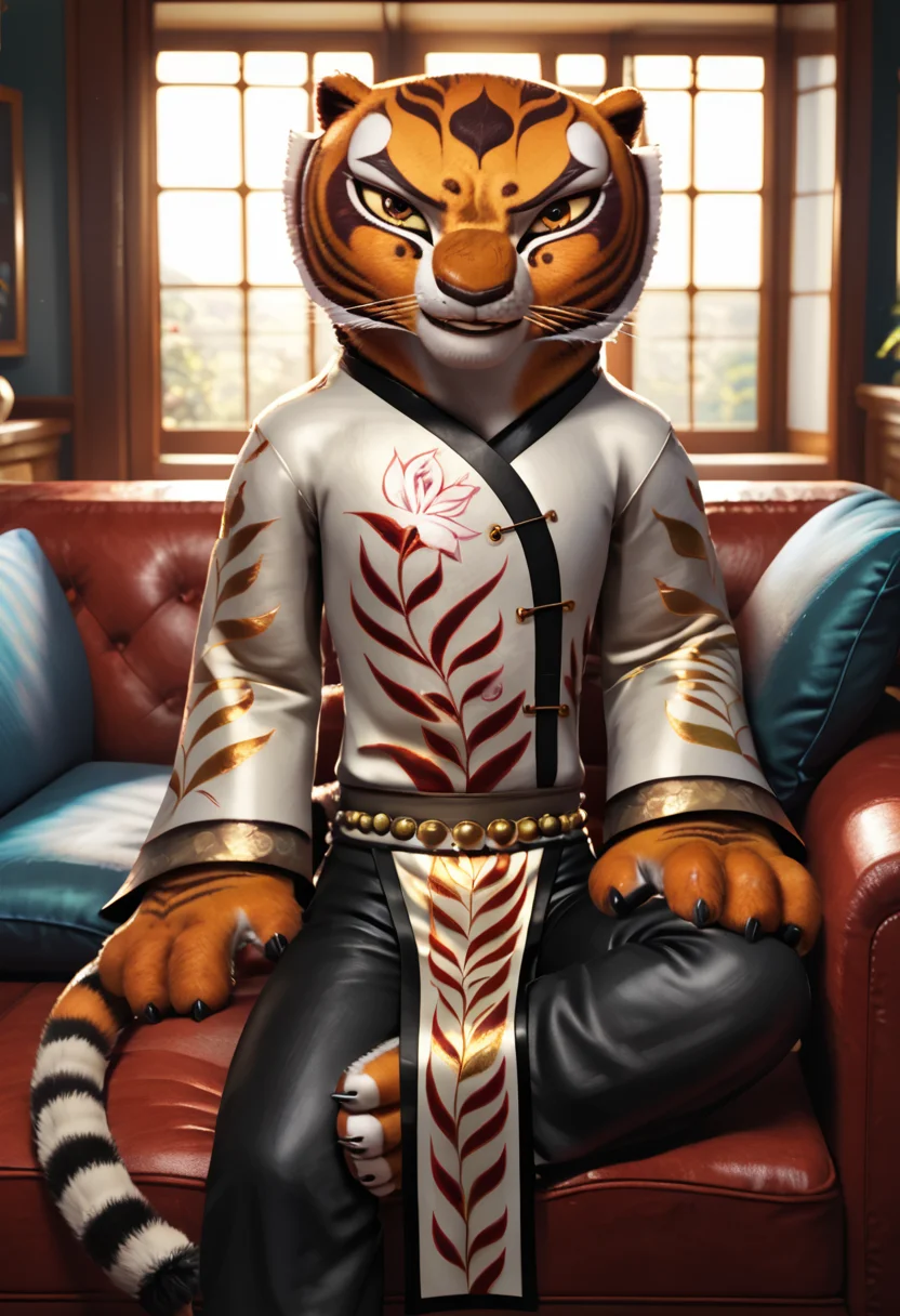 score_9, score_8_up, score_8, <lora:Master_Tigress_Kung_Fu_Panda_for_PonyXL:0.8> 1girl, m4stertigr3ss, solo, tail, looking at viewer, pearl qipao, sleeves, black silk pants
Sitting on couch, living room, window,