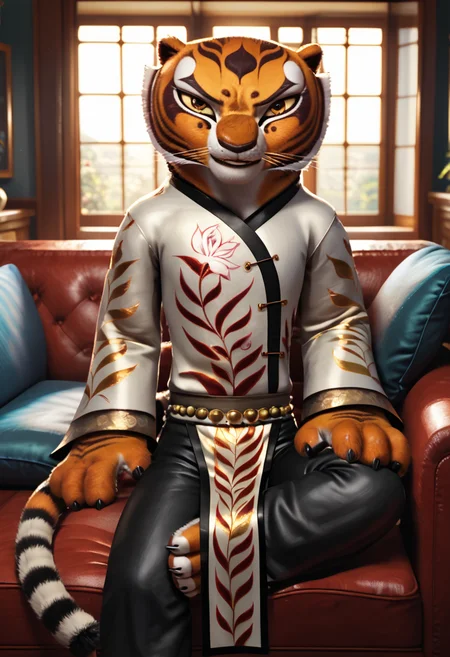 score_9, score_8_up, score_8, <lora:Master_Tigress_Kung_Fu_Panda_for_PonyXL:0.8> 1girl, m4stertigr3ss, solo, tail, looking at viewer, pearl qipao, sleeves, black silk pants
Sitting on couch, living room, window,