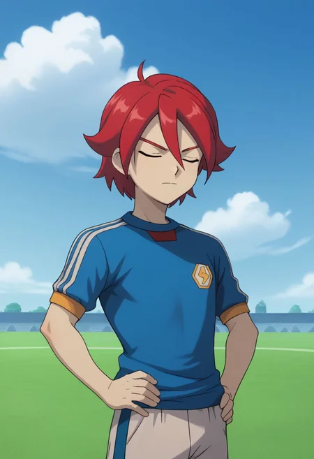 score_9, score_8_up, score_7_up, source_anime, highly detailed, 1boy, solo, male_focus, skinny, slender,
hiroto2, male focus, 1boy, solo, closed eyes, soccer uniform, sportswear, closed mouth, red hair, upper body, hands on hips
outdoor, grass, sky, clouds,