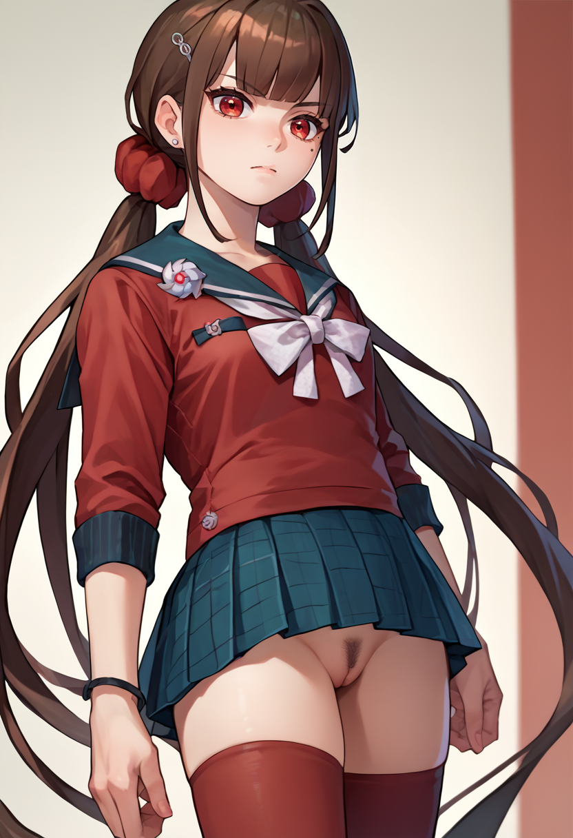 score_9, score_8_up, score_7_up, source_anime,  landing strip,  pubic hair,  1girl,      <lora:landingStripXL1-000008:1>        <lora:MakiPDXLCAME:1> Harumaki, 1girl, low twintails, red eyes, brown hair, mole under eye, hairclip, red shirt, brooch, pleated skirt, white bow, red thighhighs, red scrunchie,