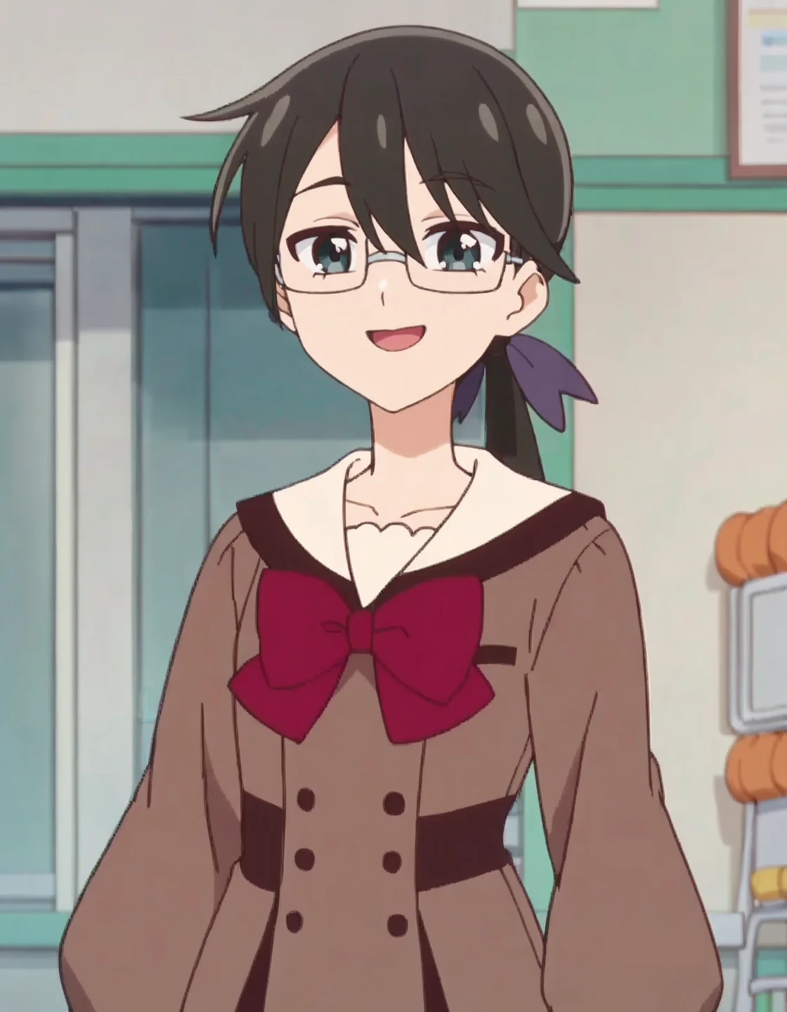 score_9, score_8_up, score_7_up, anime screencap, solo,1girl,karasuma, glasses,  brown school uniform, smile, open mouth, sailor collar,  bow, red bow, long sleeves, cowboy shot <lora:karasuma:0.8>