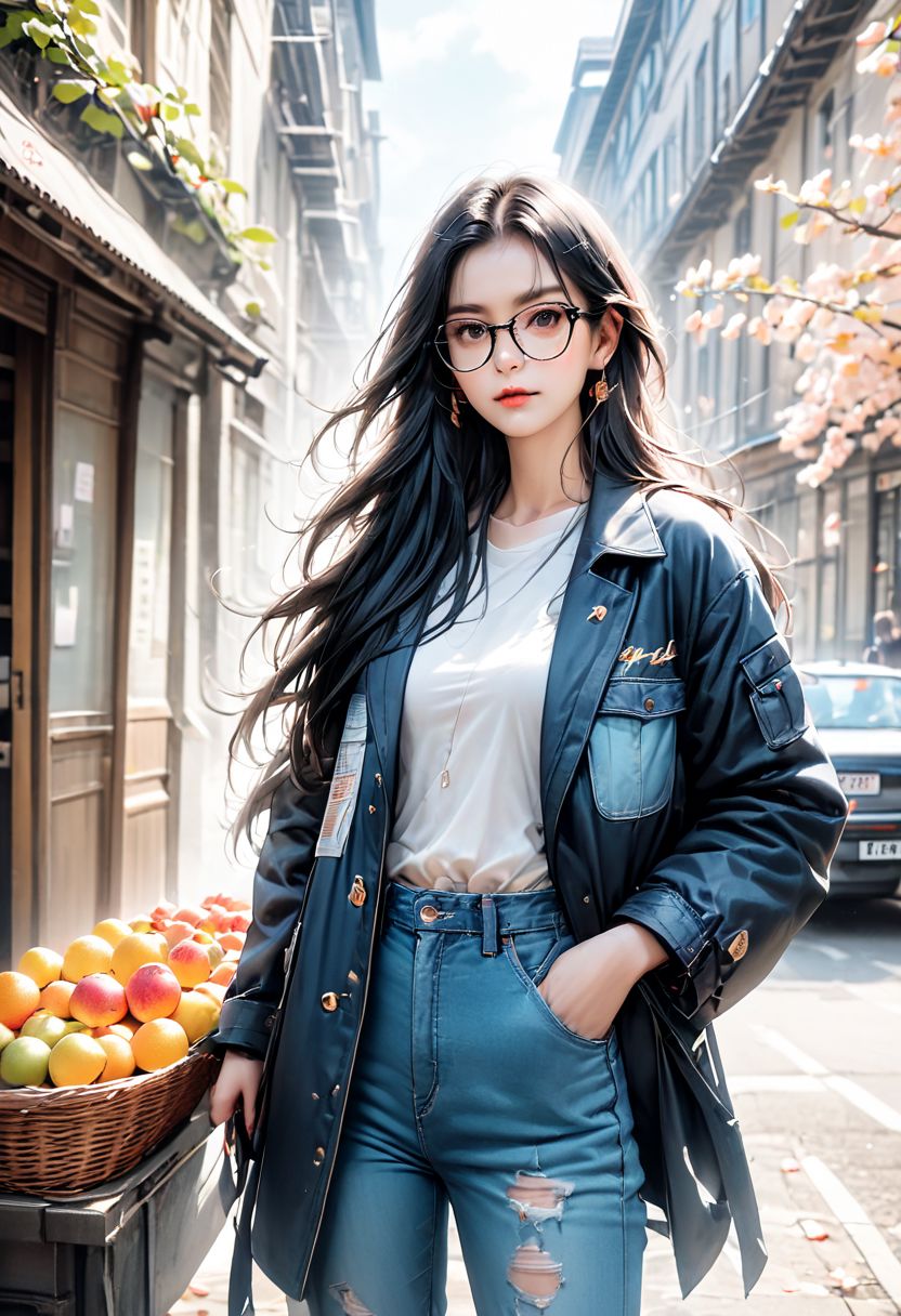 1girl, solo, long hair, looking at viewer, black hair, long sleeves, holding, standing, jacket, outdoors, parted lips, food, glasses, day, pants, bag, from side, lips, coat, petals, fruit, denim, ground vehicle, building, black-framed eyewear, jeans, city, realistic, nose, basket, road, street, blue coat, alley