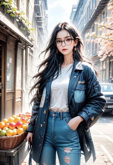 1girl, solo, long hair, looking at viewer, black hair, long sleeves, holding, standing, jacket, outdoors, parted lips, food, glasses, day, pants, bag, from side, lips, coat, petals, fruit, denim, ground vehicle, building, black-framed eyewear, jeans, city, realistic, nose, basket, road, street, blue coat, alley