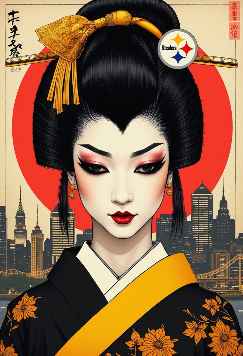 The image is a digital drawing portrait in a highly detailed, traditional Japanese style, specifically a mix of ukiyo-e and modern digital art of a geisha; black and yellow kimono, gothic makeup, blacked out eyes, cinematic Pittsburgh in the background, Pittsburgh Steelers logo, by hajime soroyama anime