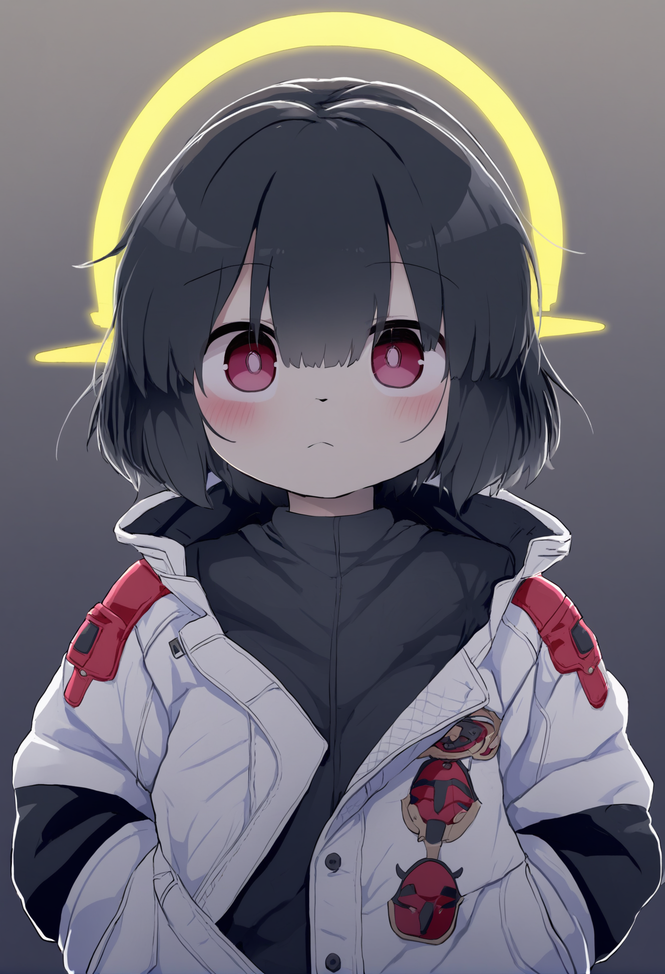 masterpiece, hyper detailed, best quality,(furry:1.3),1girl, solo, halo, black hair, jacket, closed mouth, grey background, simple background, long sleeves , upper body, short hair, looking at viewer  ,<lora:DAGASIXLlokr8f-000188:0.95>