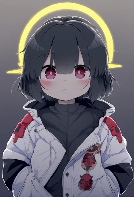 masterpiece, hyper detailed, best quality,(furry:1.3),1girl, solo, halo, black hair, jacket, closed mouth, grey background, simple background, long sleeves , upper body, short hair, looking at viewer ,<lora:DAGASIXLlokr8f-000188:0.95>
