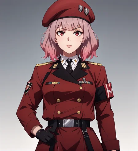 <lora:Gentiane_Girls_Frontline(PONY):1> gentiane, gradient hair, white and pink hair, red eyes, black gloves, red military uniform, beret, gradient hair,