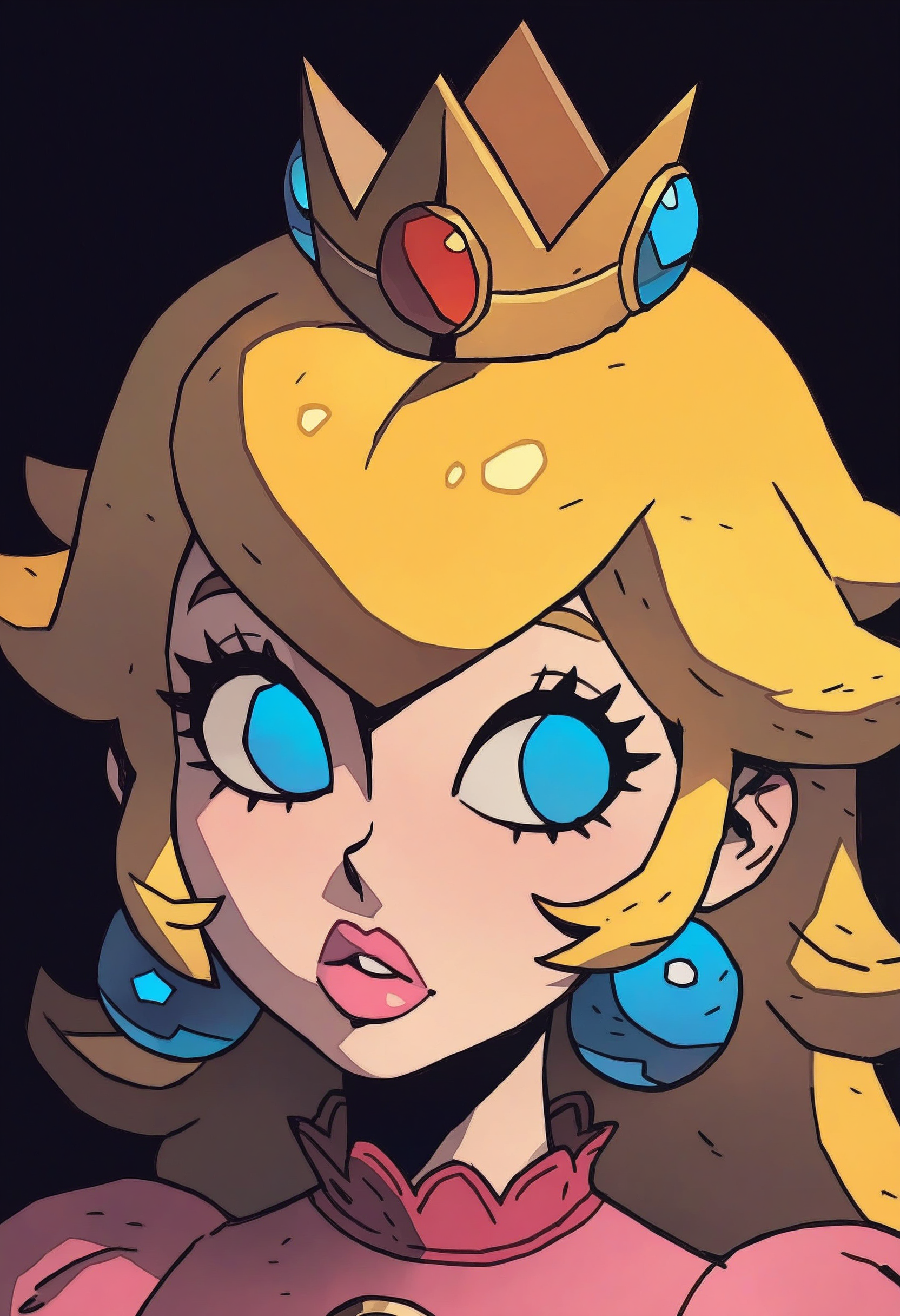 1girl, solo, no pupils, princess peach, portrait, black background, blue eyes, looking to the side, 
masterpiece, best quality, <lora:Mike_Mignola-guy90-Illust-Lycorisv1:1> alomik