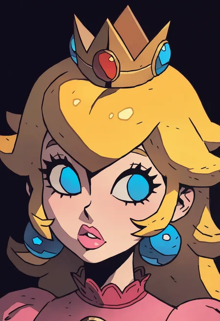 1girl, solo, no pupils, princess peach, portrait, black background, blue eyes, looking to the side, 
masterpiece, best quality, <lora:Mike_Mignola-guy90-Illust-Lycorisv1:1> alomik