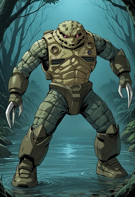 score_9, score_8_up, score_7_up, source_anime, cowboy shot, side view, BREAK, ( zgok, green_zgok_armor, pink monoeye, full body, looking at viewer, combat pose, ballast tanks on back, green zgok, weathering, green scales, crocodild texture, legs apart, 3 fingers, ) 1mech, mech focus, solo, BREAK, swamp, bayou, fog
