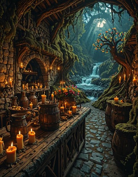 <lora:MW_Tavern01ill:1> mwt01, medieval tavern, outdoors, medieval, candles lights, green, T8, forest, tree, skylight, lots of sun shades, huge roots, colorful flowers, moss, T10, mountains, waves, rocks, tree, vegetation, moss, rough sea, waterfall, ruins, sunset, blue, orange, yellow, brown, rocks, T1, white, dark blue, fantasy, sunset, blue sky, bokeh, sunlight,