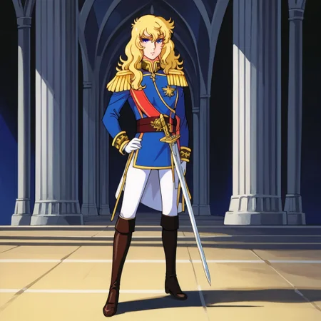 1girl, solo, Lady Oscar, blonde hair, long hair, blue eyes, epaulettes, uniform, military uniform, white and blue uniform with golden details, sash, headwear, gloves, boots, weapon, sword, hand on hip, holding weapon, holding, holding sword, standing, full body, castle, front view,