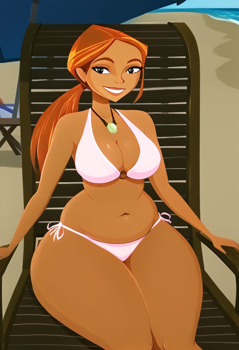 Emma, orange hair, orange eyebrows, ponytail, pink bikini, big breasts, cleavage, plump, chubby, big ass, thick thighs, looking at viewer, smile, reclined, beach chair, beach background, detailed, masterpiece