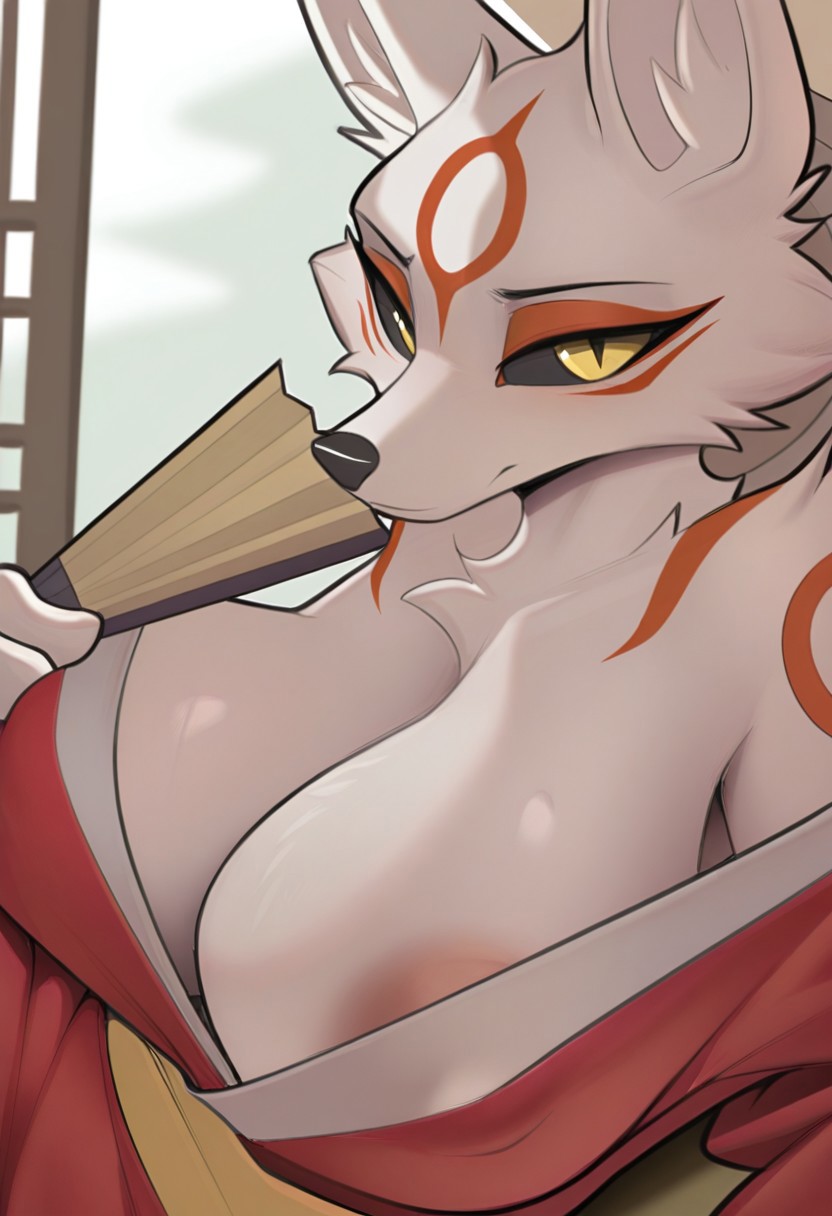c0ol1eh1gh, japan, solo, furry, mature, amaterasu, black sclera, yellow eyes, slit pupils, body fur, kimono, areola slip, covered nipples, reclining, holding fan, inner ear fluff, masterpiece, best quality, amazing quality, thick outline