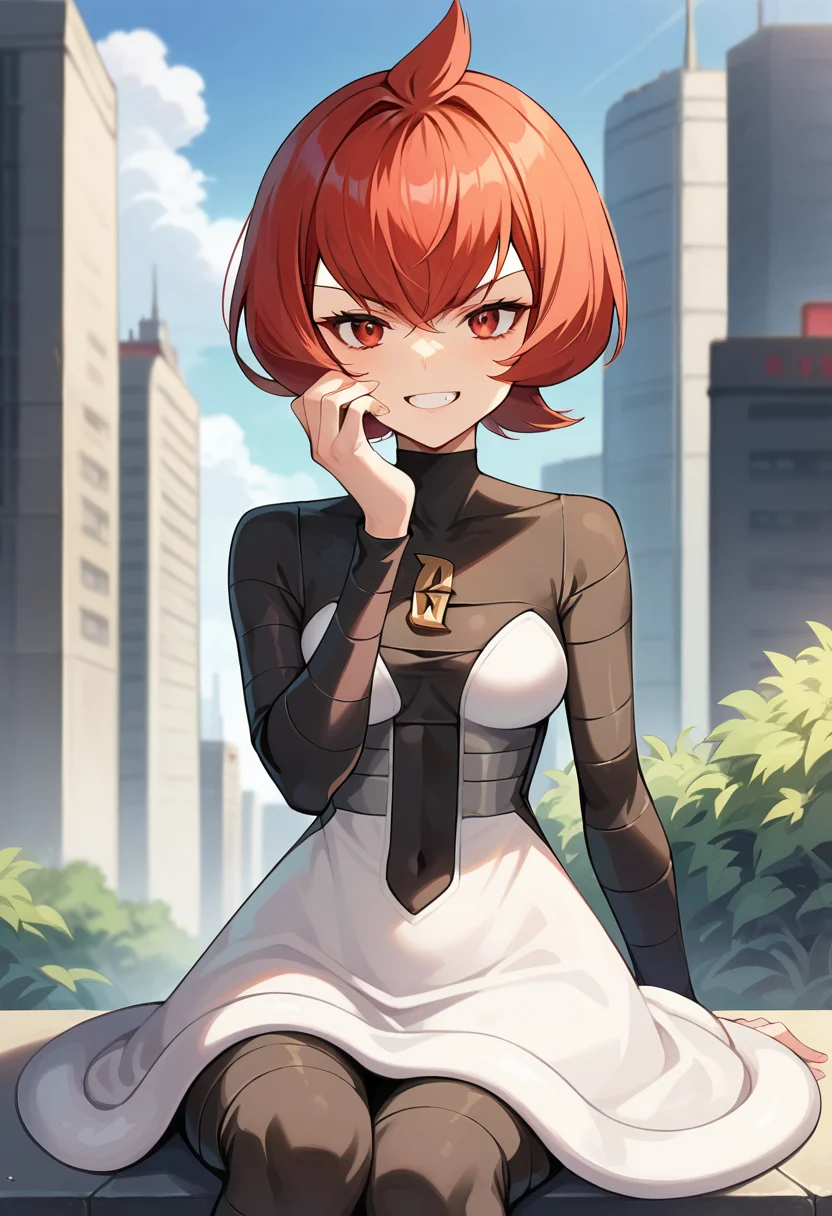 score_9, score_8_up, score_7_up, source_anime, masterpiece, 1girl, red hair, ctianm4rs, bodysuit, white short dress, outdoors, city, depth of field, looking at viewer, sitting, hand on own face, evil grin, partially shaded face, <lora:Mars_pokemon_pony_ct_version2:1>