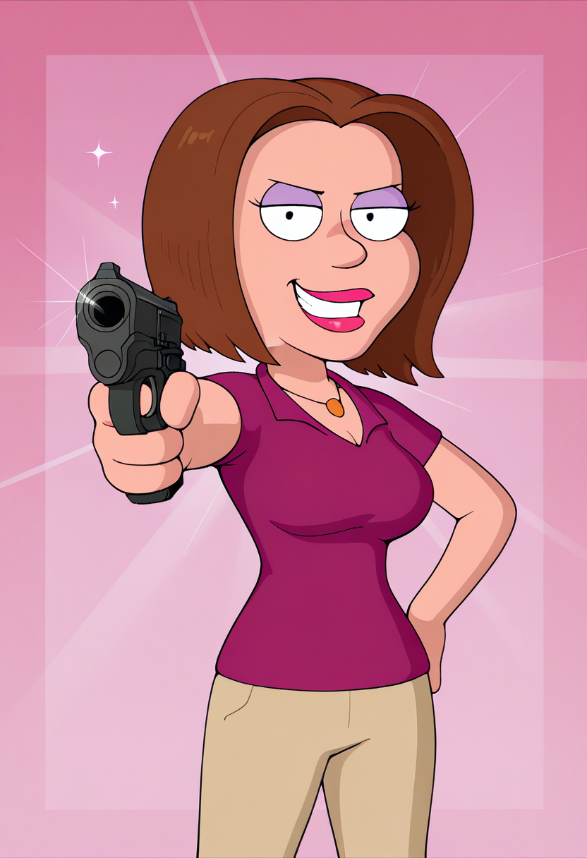 masterpiece, best quality, amazing quality, gr3tch3nm, 1girl, brown hair, necklace, purple polo shirt, beige pants, holding gun, aiming at viewer, hand on hip, looking at viewer, evil smile, cowboy shot, pink background, (colorful sparkles background, light rays:0.9),