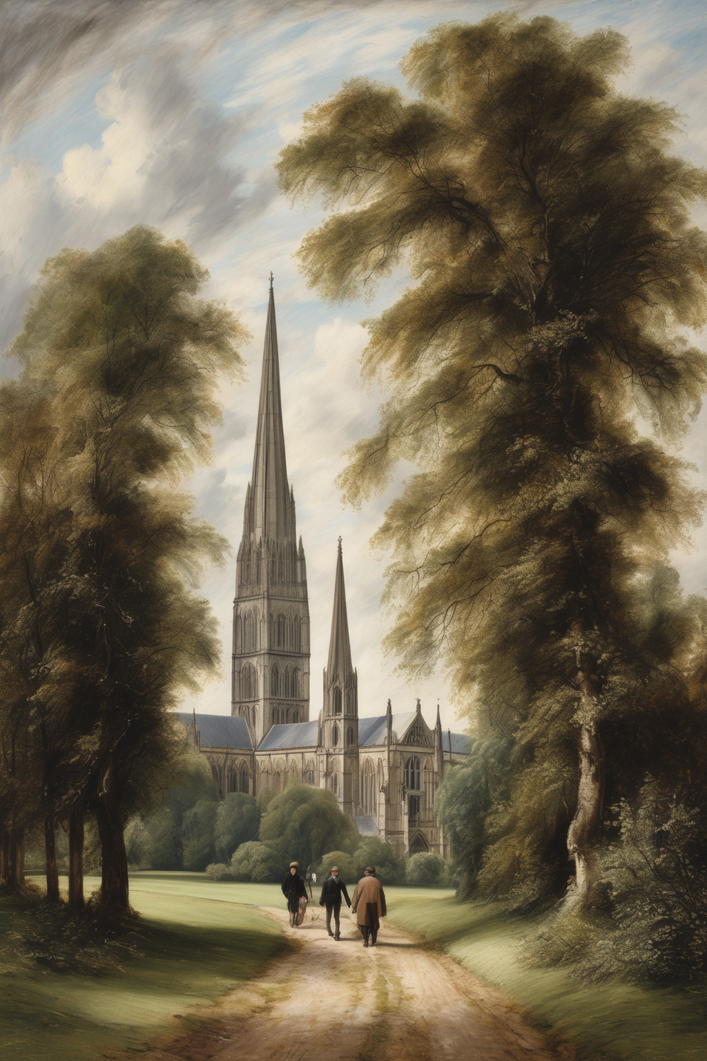 John Constable Style - a picture in the style of john constable of a salisbury cathedral in the distance with trees in the foreground. there shoud two people walking down a path on the left