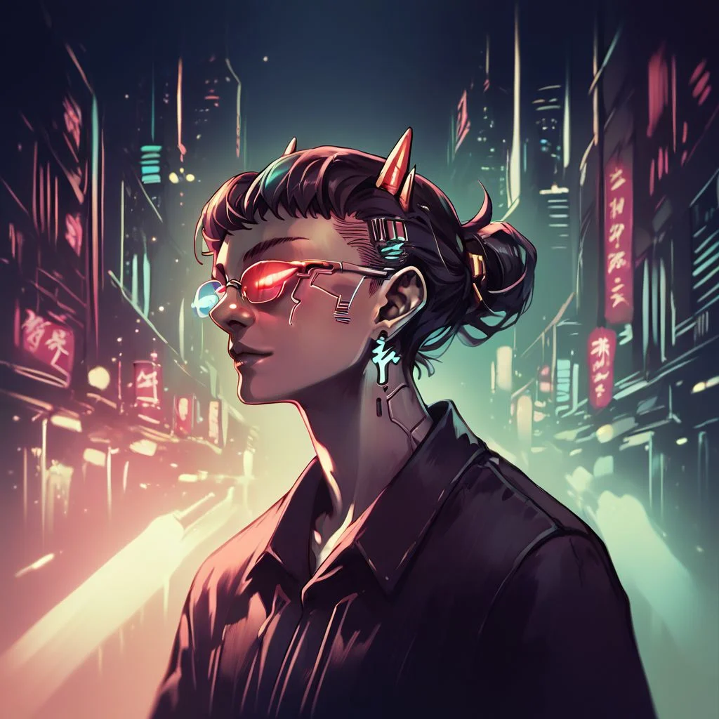 score_9,score_8_up,score_7_up,score_6_up, Sollux Captor, grey skin, four horns, sunglasses, floating close to ground, red and blue eyes, glowing hands, glowing eyes, red and blue glow, source anime, night, noir, cyberpunk