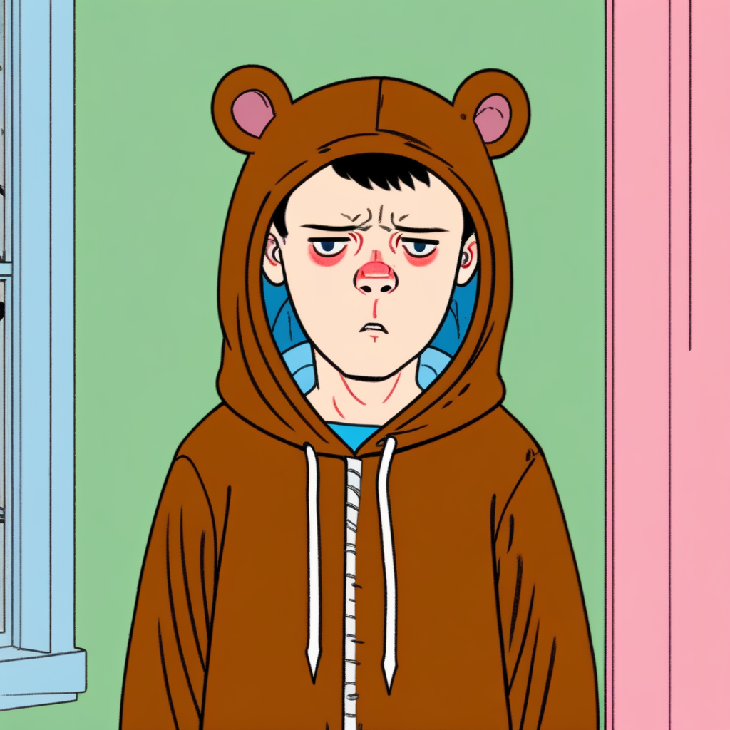 a boy in a bear suit frowning
