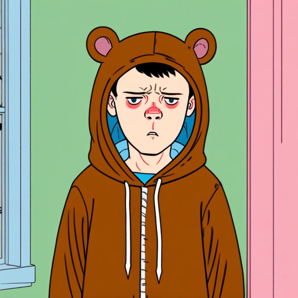 a boy in a bear suit frowning
