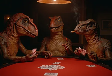 cinematic medium shot of three raptor dinosaurs playing poker sitting around a table in a dimly lit room. Each one is holding cards, one has a cigar in its mouth, photorealistic, sharp focus, very detailed skin texture <lora:dinosaur_practical_fx-000025:1>