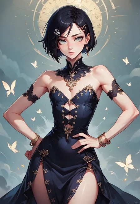 score_9, score_8_up, score_7_up, 1boy, femboy, otoko no ko, short hair, bob cut hair, black hair, grey eyes, gray eyes, feminine face, toned body, Shelly, 
lace dress, embroidered cutouts, earrings, bracelets, butterfly hairclip, 
highly detailed, intricate, zzCitronCAT, contrapposto, one hand on hip, modelshoot