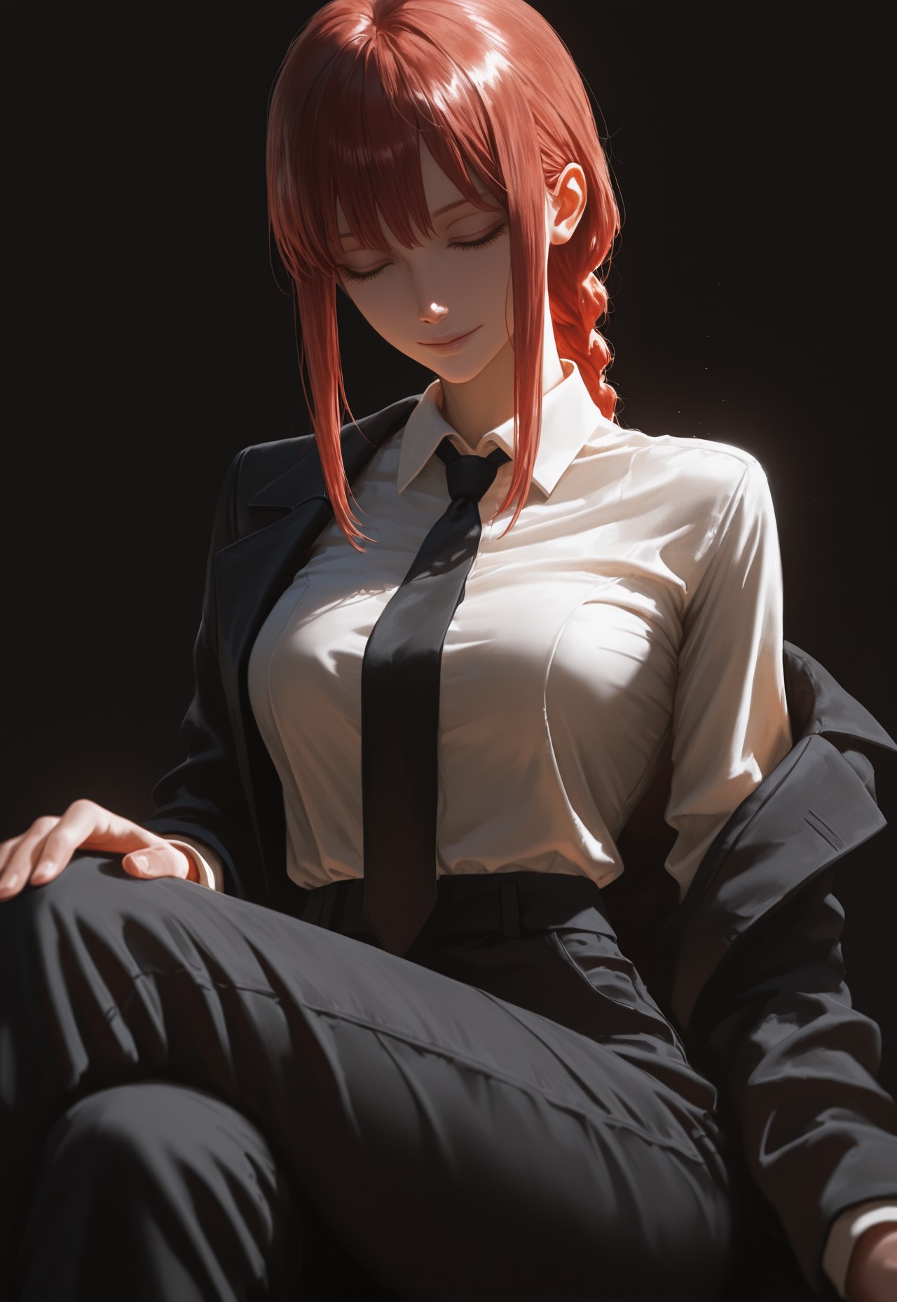 Hype4realistic, 1girl, solo, necktie, black necktie, shirt, red hair, black pants, braid, closed eyes, collared shirt, pants, white shirt, suit, black background, formal, simple background, sidelocks, black jacket, braided ponytail, jacket, crossed legs, sitting, dark background, closed mouth, shirt tucked in, medium hair, ringed eyes, business suit, suit jacket, black suit, long sleeves, off shoulder, hand on own knee, long hair, open clothes, dark, light smile, makima \(chainsaw man\), realistic 