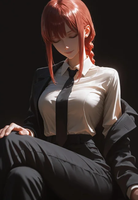 Hype4realistic, 1girl, solo, necktie, black necktie, shirt, red hair, black pants, braid, closed eyes, collared shirt, pants, white shirt, suit, black background, formal, simple background, sidelocks, black jacket, braided ponytail, jacket, crossed legs, sitting, dark background, closed mouth, shirt tucked in, medium hair, ringed eyes, business suit, suit jacket, black suit, long sleeves, off shoulder, hand on own knee, long hair, open clothes, dark, light smile, makima \(chainsaw man\), realistic