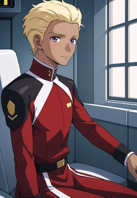 safe_pos, score_9, score_8_up, score_7_up, source_anime, cowboy shot, side view, BREAK, ( dearka_elsman, purple eyes, blonde hair, brown skin, best eyes, looking at viewer, red uniform, sitting down, 1boy, male focus, solo, ) BREAK, spaceship interior,
