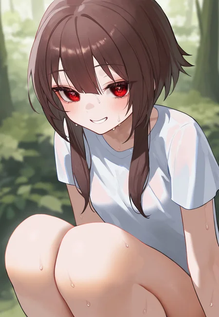 safe_pos, masterpiece, best quality, very aesthetic, high resolution, ultra-detailed, absurdres, newest, extremely detailed eyes, NEWTRVL_ST, solo, 1 girl:1.5), (detailed face, detailed eyes, detailed skin:1.1), (megumin:1.1), brown hair, red eyes, hairs between eyes, small breasts, (short hair), short hair with long locks, (short sleeves:1.5), smile,background forest, lush forest, thighs, sweaty
