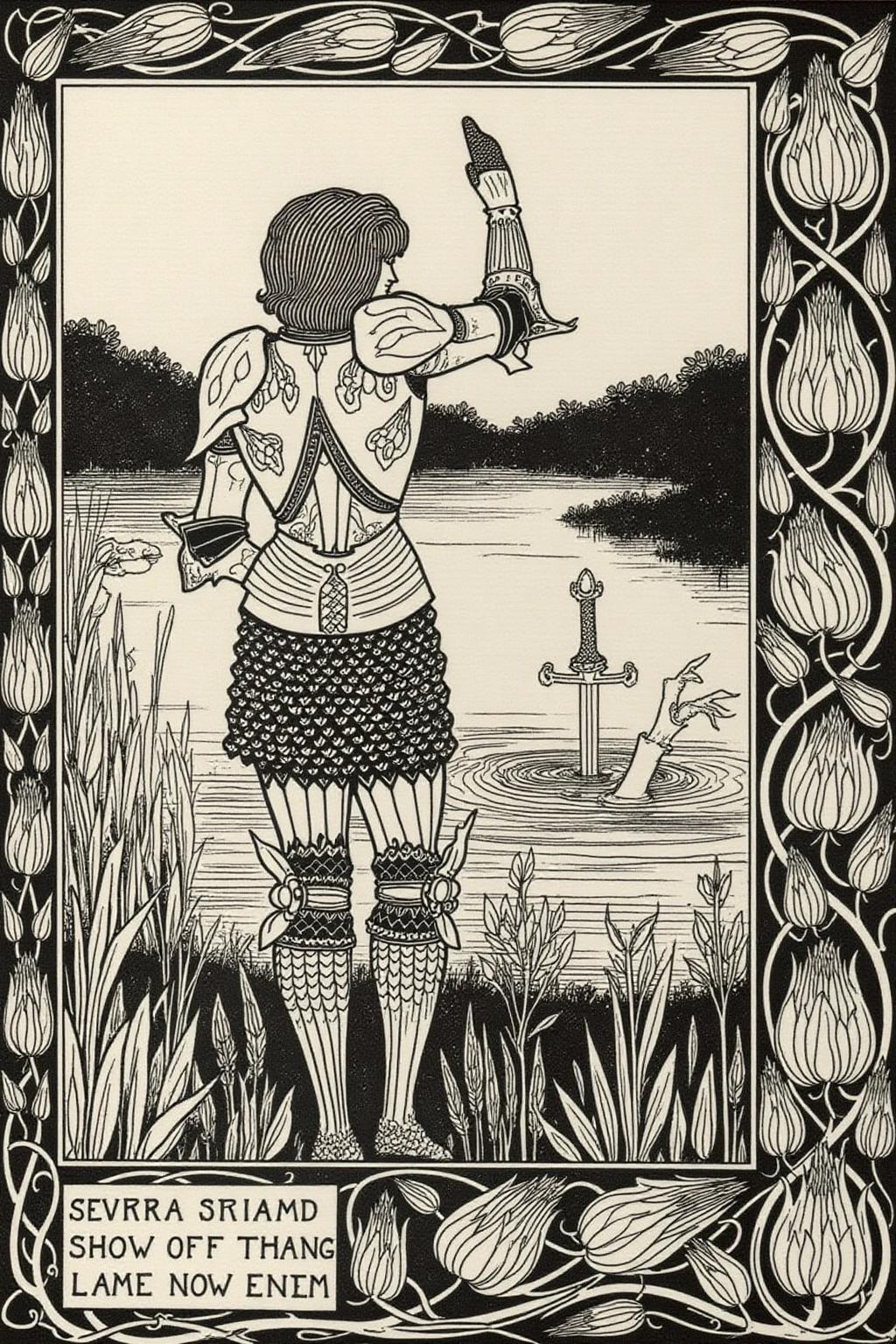 aubea1 illustration. 
A medieval knight standing at the edge of a serene lake. The knight, depicted
from behind, is dressed in elaborate, ornate armor with a detailed pattern of
interlocking geometric shapes and stylized foliage. His right arm is raised in salute.
In the background, a hand is holding the sword Excaliber is poking out of the surface of the lake.
 <lora:aubea2_cap_d6a3:1.0><lora:823925326389248692:0>