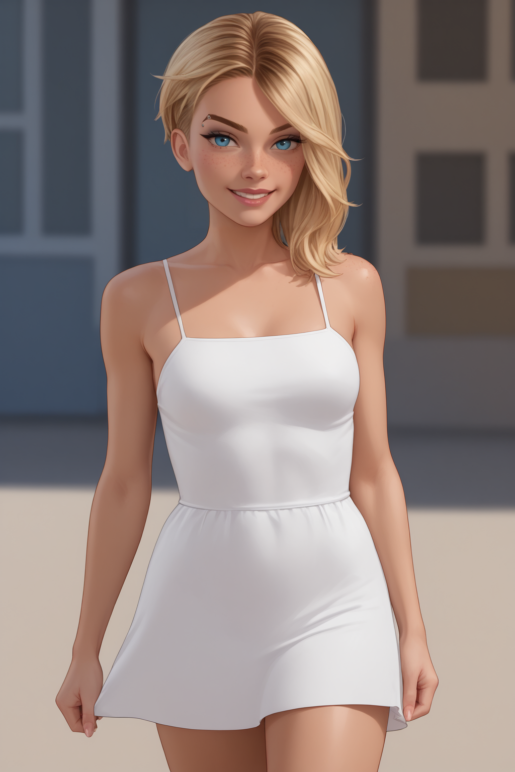 score_9, score_8_up, score_7_up, masterpiece, high quality, BREAK realistic
<lora:GwenomPonyLoRA:1>Gwnom, short blonde hair, freckles, eyebrow piercing, undercut, eyebrow piercing, summer dress, walking on the coast in italy, sunny, happy