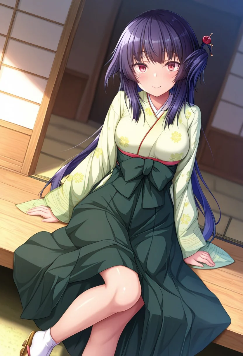 masterpiece, best quality, amazing quality, very aesthetic, high resolution, ultra-detailed, absurdres, newest, scenery,(depth of field:1.5),
(super fine illustration,professional quality,ultra high res), beautiful detailed eyes,
break
michiru_sawatari,
black hair, long hair, sidelocks, asymmetrical hair, one side up, red eyes,
hair stick,
michiru_kmn,
light green kimono,floral print kimono, long sleeves, wide sleeves,dark green hakama,
tabi,
geta,
1girl, solo,
medium breasts, shiny skin,
blush, smile,
look at Viewer,
(dutch angle:1.3), (feet out of frame:1.3),