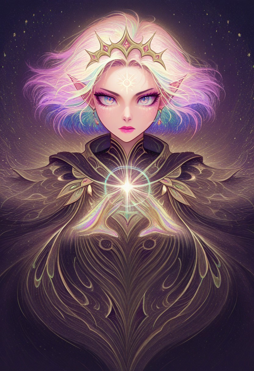 masterpiece, best quality, amazing quality, very aesthetic, absurd res, intricate details, 4k, semi realistic, cartoon, fantasy, energy around, aura, dynamic pose, fighting stance, beautiful woman, multicolored hair, rainbow colors, divine, score_9, score_8_up, ral-czmcrnbw, <lora:AMarvelRivals_style:1>, marvelrivals. Solara is a radiant and ethereal warrior with voluminous, fluffy hair that cascades in wild waves, blending seamlessly into a vibrant mix of colors—fiery orange, golden yellow, deep magenta, and streaks of electric blue, violet, and emerald green. Her hair seems to glow faintly, shifting hues depending on the light around her, embodying the full spectrum of the rainbow.
Her skin has a soft, warm yellow hue. Bright white markings swirl across her forehead, cheeks, and the bridge of her nose, forming intricate, almost celestial patterns that glow subtly when she calls upon her power. Her ears are long and pointed, resembling those of an elf, adding to her otherworldly presence.
Her lips are a strikingly bright color—either a bold fuchsia or a radiant gold—standing out against her sun-kissed skin. Her piercing blue eyes shimmer with inner brilliance, reflecting the vast spectrum of light she wields.
She wears sleek, form-fitting black armor with golden accents, exuding both elegance and strength. A flowing black cape billows behind her, its edges constantly shifting in prismatic hues, mirroring her light-wielding abilities.
Solara commands the full power of the rainbow. She is capable of creating dazzling constructs, weaving beams of multicolored energy, and bathing battlefields in mesmerizing, shifting light. Her very presence seems to bring warmth and illumination, as though she carries a piece of the sun wherever she walks.