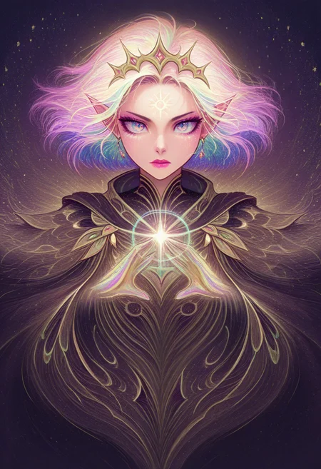 masterpiece, best quality, amazing quality, very aesthetic, absurd res, intricate details, 4k, semi realistic, cartoon, fantasy, energy around, aura, dynamic pose, fighting stance, beautiful woman, multicolored hair, rainbow colors, divine, score_9, score_8_up, ral-czmcrnbw, <lora:AMarvelRivals_style:1>, marvelrivals. Solara is a radiant and ethereal warrior with voluminous, fluffy hair that cascades in wild waves, blending seamlessly into a vibrant mix of colors—fiery orange, golden yellow, deep magenta, and streaks of electric blue, violet, and emerald green. Her hair seems to glow faintly, shifting hues depending on the light around her, embodying the full spectrum of the rainbow.
Her skin has a soft, warm yellow hue. Bright white markings swirl across her forehead, cheeks, and the bridge of her nose, forming intricate, almost celestial patterns that glow subtly when she calls upon her power. Her ears are long and pointed, resembling those of an elf, adding to her otherworldly presence.
Her lips are a strikingly bright color—either a bold fuchsia or a radiant gold—standing out against her sun-kissed skin. Her piercing blue eyes shimmer with inner brilliance, reflecting the vast spectrum of light she wields.
She wears sleek, form-fitting black armor with golden accents, exuding both elegance and strength. A flowing black cape billows behind her, its edges constantly shifting in prismatic hues, mirroring her light-wielding abilities.
Solara commands the full power of the rainbow. She is capable of creating dazzling constructs, weaving beams of multicolored energy, and bathing battlefields in mesmerizing, shifting light. Her very presence seems to bring warmth and illumination, as though she carries a piece of the sun wherever she walks.