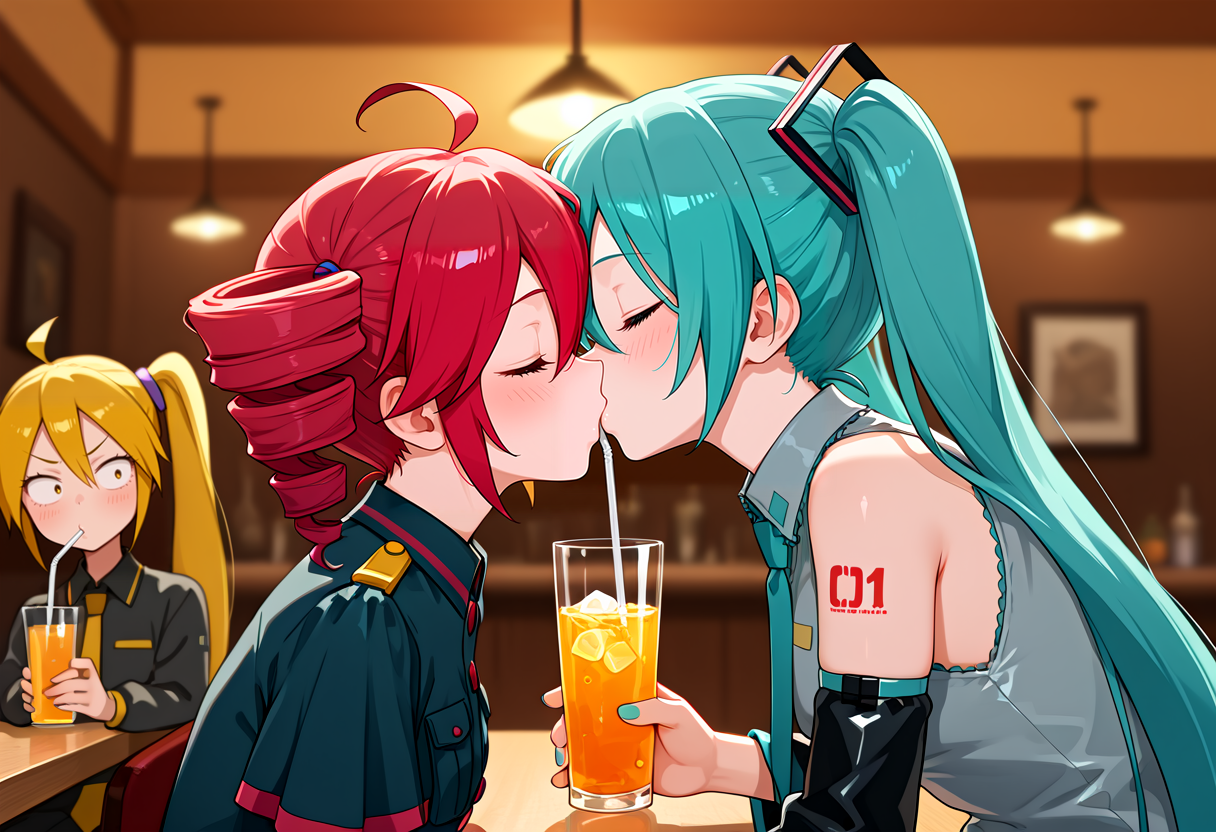 masterpiece, high quality, amazing detail, 3girls, hatsune miku, kasane teto, akita neru, closed eyes, kiss, holding cup, drinking glass, drinking straw, drink,  <lora:otp_and_the_third_wheel_best_friend_meme:1>