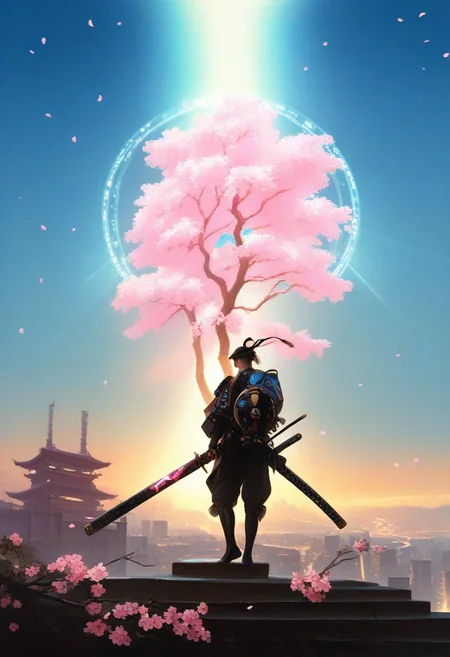 breathtaking Baroque painting, A majestic cyberpunk samurai standing atop a neon-lit skyscraper, surrounded by a futuristic cityscape at night, glowing holographic cherry blossoms floating in the air, intricate armor with glowing circuit patterns, dynamic pose with a katana emitting a plasma trail, ultra-detailed, cinematic lighting, vibrant colors, 8K resolution, trending on ArtStation, Unreal Engine 5, photorealism mixed with anime-inspired aesthetics