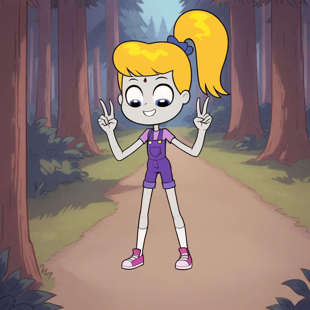 score_9_up, score_8_up, BREAK, BlondeRaven, 1girl, solo, blonde hair, side ponytail, blue eyes, shirt, overalls, white socks, pink footwear, double v,  <lora:BlondeRaven_PXL_Leaf2:0.8>,  outdoors, forest,