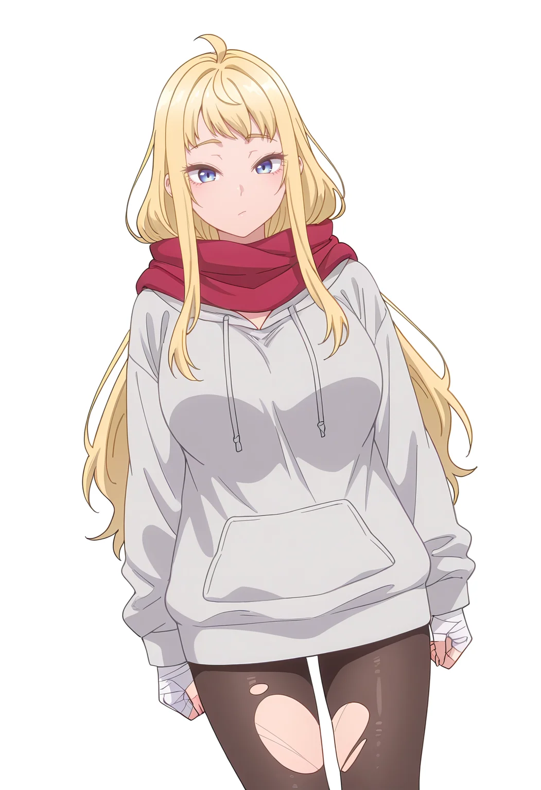 Smooth Quality,masterpiece,beautiful aesthetic, very intricate, high quality details, ultra realistic, high detailed skin,
simple background, white background,
dutch angle,inward v,:/,
torn pantyhose,  ,hoodie, ,Bandaged hand, <lora:Fuyuki_Minamicnn:0.8> minami/cnn, 1girl, long hair, blue eyes, large breasts, red scarf, ahoge,