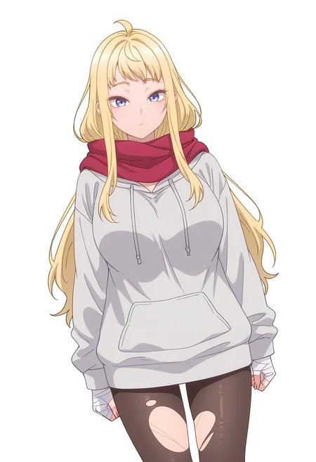 Smooth Quality,masterpiece,beautiful aesthetic, very intricate, high quality details, ultra realistic, high detailed skin,
simple background, white background,
dutch angle,inward v,:/,
torn pantyhose, ,hoodie, ,Bandaged hand, <lora:Fuyuki_Minamicnn:0.8> minami/cnn, 1girl, long hair, blue eyes, large breasts, red scarf, ahoge,