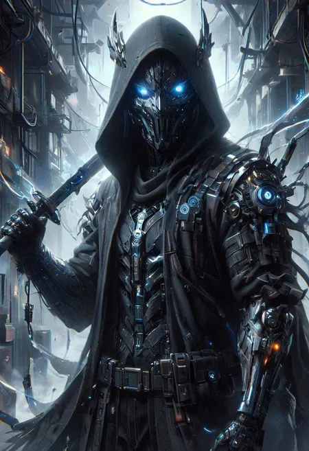 (((Ultra-detailed, Hyper-realistic, 8k, highres, masterpiece))),(full length highly detailed intricate cyborg demonic-skeletal) (tattered cloak),((highly detailed tech body,decaying parts, Intricate exposed wiring, exposed wires,exposed circuitry,electric glow)),((highly detailed cyber-skeletal tech-mask,signs of decay,exposed wiring, exposed wires,exposed circuitry,electric glowing eyes)),in a highly detailed Labratory background with Test tubes,holographic screens,covered in pulsing electricity,cyber setting,cinematic,realistic,science fiction,dark colours,background light,e,<lora:XL_Weapon_Sword_-_By_HailoKnight_2:0.8>,Wielding sword,<lora:add-detail-xl:1>,<lora:ArmorSuit_v01:0.8>, armorsuit,