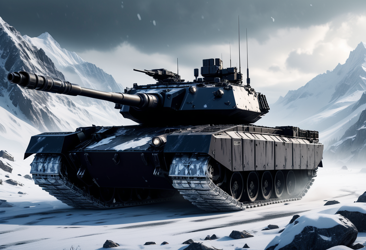 (medium full shot) of (formidable medium black tank) with reactive armor, diesel, advanced targeting system, side skirts, set in  a snow-capped mountain, with icy winds and treacherous conditions, the tank enduring the elements, ,Masterpiece,best quality, raw photo, realistic, very aesthetic