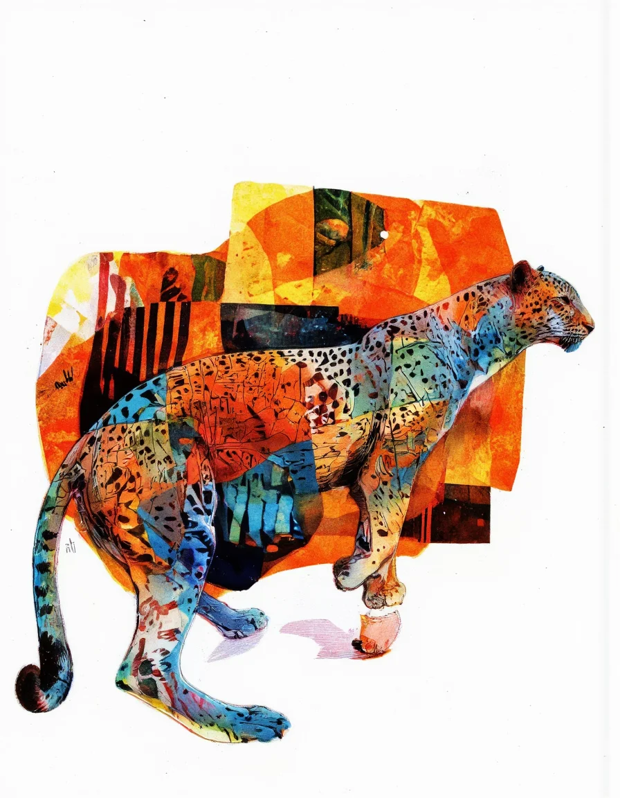 Art by Eli Minaya. A digital illustration shoot from a profile camera angle about a stylized, abstract illustration of a leopard with geometric patterns and vibrant colors. the image also shows a white background. on the middle of the image, a colorful, stylized leopard with a long tail is depicted. the cat is standing on all fours, with its body facing towards the right side of the frame. it has a geometric pattern on its back and is colored in shades of blue, green, and orange. the background is composed of various geometric shapes and colors, including orange, yellow, red, and black, creating a vibrant and abstract composition. the overall style is reminiscent of modern art, with a mix of geometric and abstract elements.