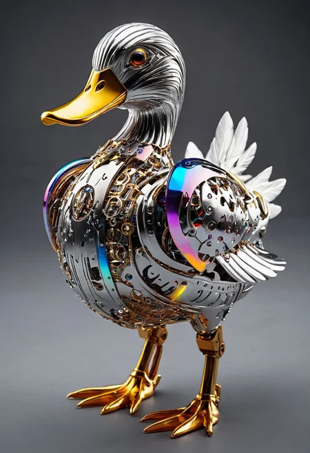 Generate a whimsical and futuristic robotic duck, crafted with sleek, polished metal and intricate mechanical details. The robotic duck's metallic feathers shimmer in the light, reflecting a rainbow of colors as it waddles across a shiny, futuristic surface. Its beak, adorned with sensors and small blinking lights, opens and closes in a lifelike manner, emitting soft, melodic chirps of electronic nature. Bright LED eyes gleam with artificial intelligence and curiosity, giving the duck a charming and friendly appearance. The sound of whirring gears and gentle hums of servos accompany its movements, adding to the mechanical symphony of this futuristic creature.